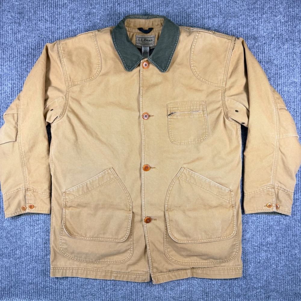 Vintage L.L.Bean Barn Coat Mens Tan Canvas PrimaLoft Lined Corduroy Collar